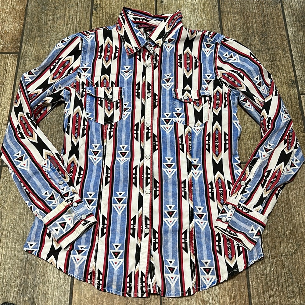 Rock & Roll Cowgirl Women’s Sz M Aztec‎ Print Pearl Snap Long Sleeve Shirt